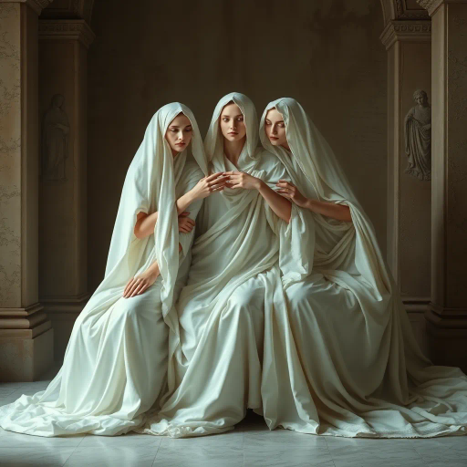 Vestal virgins, ethereal elegance, classical Roman era, Baroque influences, dramatic lighting, serene expressions, spiritual symbolism, flowing drapery, muted pastels, mystical ambiance, harmonious composition, soft textures, divine sanctuary, sacred rituals, historical narrative, renaissance inspiration, ornate detailing, ancient mythology, transcendental harmony, otherworldly grace