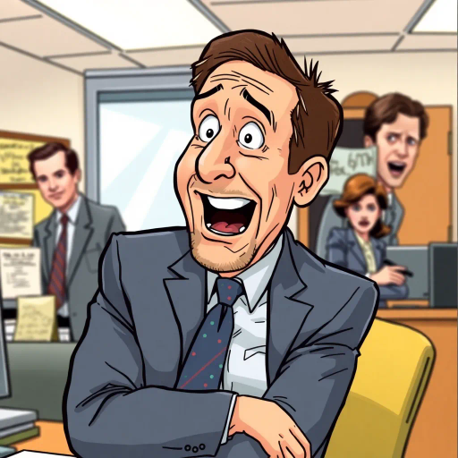 Michael Scott, The Office, humorous expression, comedic timing, vibrant colors, exaggerated features, satirical humor, workplace dynamics, pop culture influence, American sitcom, bright lighting, playful composition, ink outlines, graphic storytelling, creative panel layout, character focus, emotional exaggeration, contemporary setting, office atmosphere, dynamic movement, narrative flow, sitcom style, cultural commentary, lighthearted tone, caricature elements