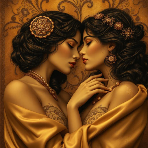 romantic sensuality, chiaroscuro lighting, vivid hues, flowing lines, emotional depth, intimate setting, Gustav Klimt influences, rich textures, human form, warm ambiance, baroque compositions, provocative aesthetic, seductive elegance, delicate forms, renaissance echoes, passionate expression, lush brushstrokes, dynamic movement, dreamlike atmosphere, contemporary flair, evocative symbolism, narrative quality, intimate portraiture, sensuous allure, timeless romance, intricate ornamentation, visual poetry, dramatic shadows