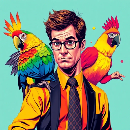 The Office TV show, Michael Scott, Parrot, Prison Mike, surreal humor, vibrant colors, Andy Warhol meets Roy Lichtenstein, pop art influences, comedic expression, dynamic composition, emotional contrast, vivid imagination, exaggerated features, whimsical portrayal, juxtaposition of characters, absurdity, playful symbolism, dramatic lighting, modern television iconography, mood of chaos, contemporary culture, fluid movement, kaleidoscopic patterns, 21st-century media satire, celebrity parody, nostalgic elements