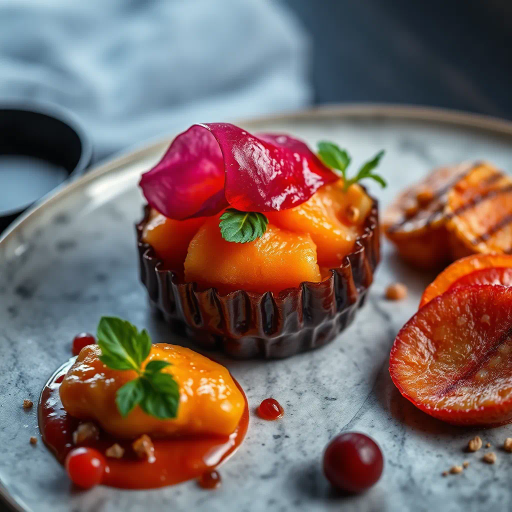 hyper-realistic, culinary artistry, still life, vibrant colors, succulent textures, food photography, gourmet presentation, chiaroscuro lighting, rich detail, natural composition, culinary textures, food stylization, glossy surfaces, nuanced hues, modern aesthetic, exquisite plating, artisanal craftsmanship, gourmet indulgence, food as art, visual feast, sumptuous presentation, high contrast, appetizing visual, culinary elegance