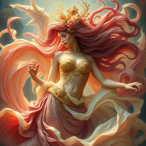exaggerated dimensions, mythical allure, flowing curves, vibrant colors, soft lighting, baroque opulence, sensual expression, dynamic movement, mythical goddess, ethereal presence, surreal beauty, luminescent highlights, fantastical realms, intricate patterns, Da Vinci influence, Renaissance elegance, dreamlike essence, symbolic femininity, graceful contour, emotional depth, enchanting narrative