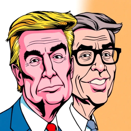 satirical caricature, exaggerated features, political symbolism, vibrant colors, pen-and-ink textures, Roy Lichtenstein influence, pop art era, humor-driven narrative, dynamic composition, bold outlines, American cultural elements, emotionally charged expressions, satirical tone, mid-20th century reference, iconic imagery, energetic line work, visual wit, comic strip aesthetics, subversive commentary, metaphorical elements, humorous distortion, graphic novel feel, societal critique, modern pop influence, bright contrasting hues, cultural satire, pulsating energy