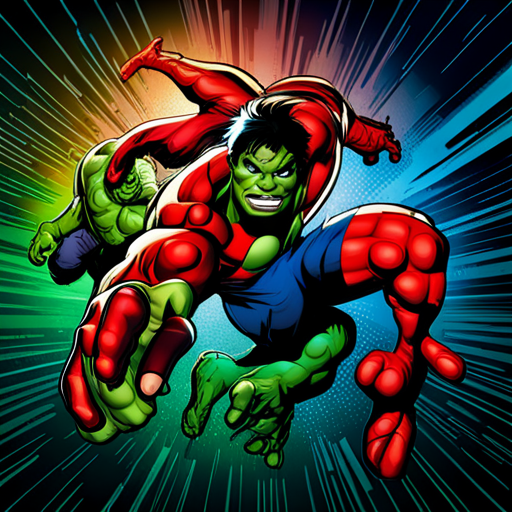 Hulk, Spiderman, superheroes, Marvel, action, dynamic, vibrant colors, bold lines, intense, powerful, strength, conflict, heroism