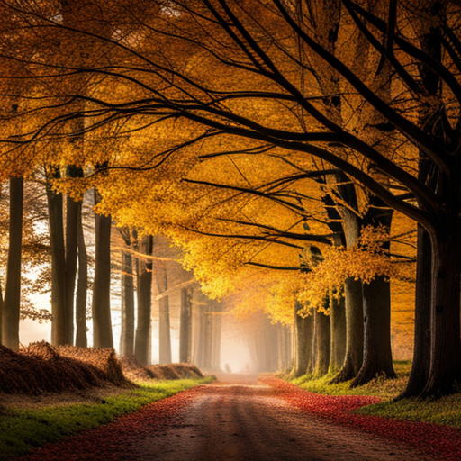 autumn, foliage, colors, golden hour, nature, landscape, impressionism, warm tones, atmospheric, tranquility, fall, season, harvest, harvest moon, misty, earthy, rustic, vibrant, cozy, nostalgic, picturesque, serenity, solitude, melancholy, fall foliage, golden sunlight, misty mornings, pumpkin patches, cozy sweaters, crisp air, changing leaves, bonfire gatherings