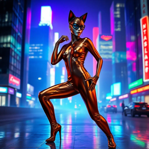 sleek catsuit design, high fashion, futuristic elements, vibrant neon lighting, dynamic pose, bold composition, metallic textures, sci-fi influence, Joan Miró inspiration, night cityscape, cyberpunk aesthetics, mysterious mood, playful elegance, abstract forms, intricate detailing, avant-garde style, fluid movements, bold color contrasts, surreal presentation, depth and layering, unconventional materials, reflections and shadows, elegant silhouette, imaginative realm, Salvador Dali, dreamlike atmosphere, geometric precision, fluid dynamics, visual storytelling, abstract surrealism, enigmatic expressions, ethereal glow, kaleidoscopic patterns, reflective surfaces, overlapping dimensions, contrasting hues, multidimensional perspective, spatial depth, imaginative narrative