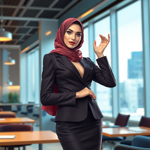 elegant Arab woman, contemporary fashion, hijab, professional attire, modern workplace, high heels, Middle Eastern influence, vibrant colors, soft ambient lighting, dynamic posing, cultural expression, delicate textiles, confident and empowering presence, sophisticated grace, diverse cultural representation, fusion of modern and traditional elements, cultural fusion, empowerment and poise, Impressionism influences, Gustav Klimt inspiration, Art Nouveau elegance, intricate patterns, intricate detailing, vibrant color palette, symbolic attire, office environment, balance and harmony, dynamic composition, surreal lighting, cultural narrative, refined textures, bold symbolism, artistic influences, multicultural dialogue, striking balance, expressive realism, innovative representation, unique fashion, delicate balance, harmonious color palette