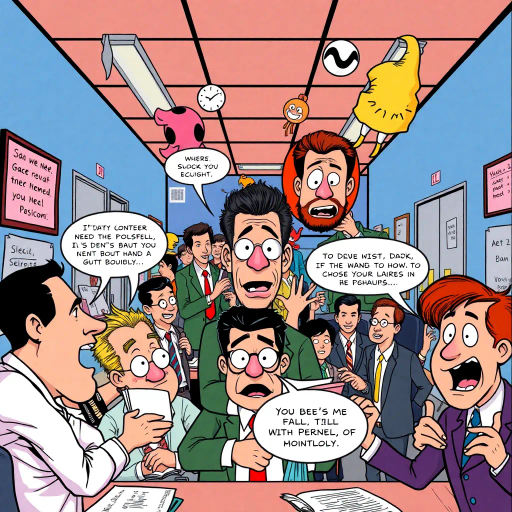 satirical workplace comedy, surreal humor, ensemble cast, bureaucratic chaos, 21st century pop culture, vibrant color palette, exaggerated expressions, dynamic panels, Roy Lichtenstein influences, witty dialogue, mundane office setting, everyday absurdities, overlapping story arcs, exaggerated caricatures, visual puns, contemporary Americana, awkward social interactions, humorous banter, slapstick elements, narrative vignettes, satirical undertones