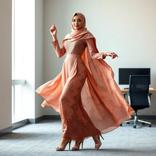 elegant Arab woman, professional attire, modern workplace, high heels, Middle Eastern influence, contemporary art style, intricate patterns, vibrant color palette, soft ambient lighting, cultural expression, dynamic posing, delicate textiles, confidence, empowerment, sophistication, grace, diverse cultural representation, cultural fusion, impressionism influences, human form depiction, balance and harmony, dynamic office environment, elegance, poise, detailed craftwork, modernism, cultural narrative, harmonious composition, vibrant textures