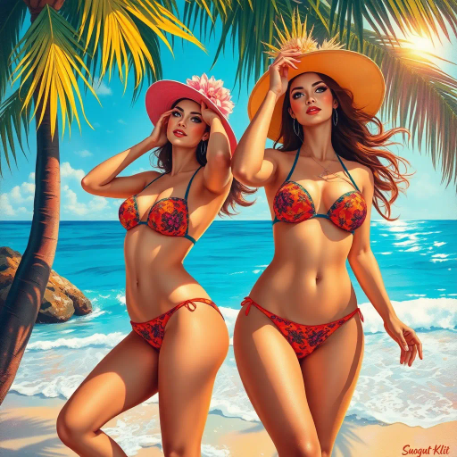 elegant ladies, vibrant bikinis, sunlit beaches, surreal lighting, impressionist techniques, flowing forms, saturated colors, dynamic compositions, Gustav Klimt, tropical ambiance, summer essence, playful and carefree mood, vibrant energy, contemporary flair, oceanic hues, shimmering textures, warm radiance, intricate patterns, modernistic approach, artistic femininity, fluid movement, dreamlike setting, bold contrasts, joyful expression, exotic influences, fashion illustration, max detail, symmetric balance