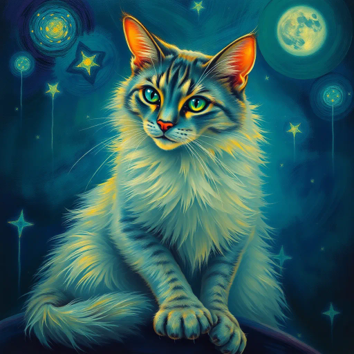 elegant feline form, surrealistic ambiance, inspired by Salvador Dali, Starry Night lighting, Baroque influences, vibrant hues of sapphire and emerald, soft fur texture, dreamlike and whimsical atmosphere, intricate detailing, dynamic pose, Renaissance composition, imaginative and mysterious, twilight setting, impressionist brushwork, ethereal glow, rich tapestry of colors, flowing lines, harmonious balance, artistic narrative, intriguing gaze, artistic depth, fanciful and otherworldly, timeless elegance