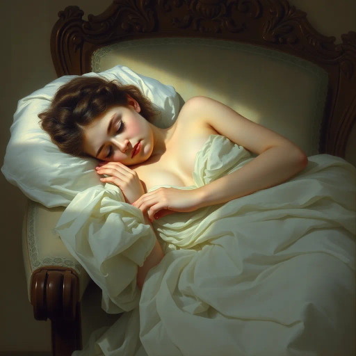 tranquil scene, woman, sleeping, seated on chair, delicate posture, soft ambient light, serene expression, gentle repose, impressionist touch, pastel colors, dreamlike atmosphere, elegant curves, calming mood, ethereal glow, romanticism, calm tranquility, subtle shadows, relaxed muscles, atmospheric depth, peaceful dreamscape, soothing composition, reposed stillness, intimate setting, classical influence, fine details, harmonious balance, reflective bliss, soothing aura