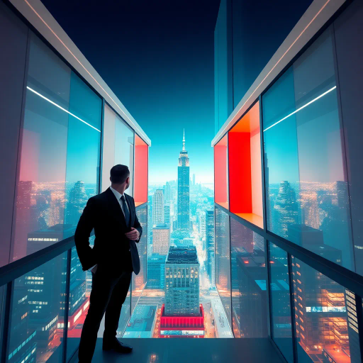 corporate leadership, modern architecture, executive presence, sleek design, dynamic composition, inspired by Andy Warhol and Bauhaus minimalism, emphasis on power and authority, neutral tones contrasted with vivid accents, high-rise perspectives, sharp lines, urban ambiance, technological influence, modernist aesthetics, strong focus on hierarchy and structure, professional environment, innovation, futuristic urban setting, ethereal lighting, clean and polished textures