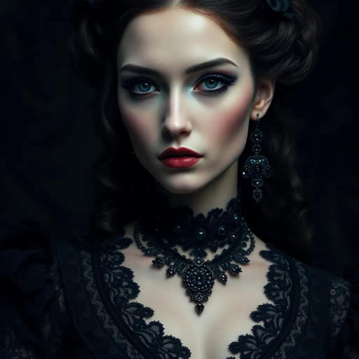 gothic, ethereal, dark aesthetic, Tim Burton influences, chiaroscuro lighting, intricate Victorian patterns, somber mood, Edgar Allan Poe inspiration, pale skin, dark attire, lace textures, mysterious atmosphere, haunting beauty, 19th-century influences, baroque details, dramatic shadows, melancholic expression, neo-gothic, ornate jewelry, black and purple hues, elaborate hairstyles, enigmatic, fine details, moody background, romanticism, detailed portraits