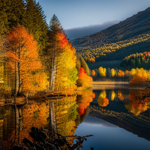 autumn, fall, foliage, leaves, colors, vibrant, nature, seasonal, harvest, golden, rustic, cozy, warm, atmosphere, landscape, impressionism, brushstrokes, texture, tranquility, tranquility, peaceful, serenity, sunlight, shadows, contrast, earthy, organic, woods, forest, trees, branches, reflection, water, pond, lake, mountains, mist, fog