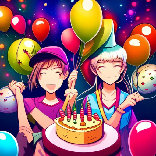 cute, vibrant, animated, birthday, celebration, characters, balloons, cake, party, joy, happiness, anime, manga, kawaii, colorful, energetic, dynamic, whimsical, playful, lively, cheerful, festive, animated cartoon, cute animals, magical, youthful, fun, party hats, confetti, streamers