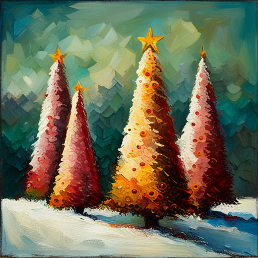 four Christmas tree, textured canva, oil vintage