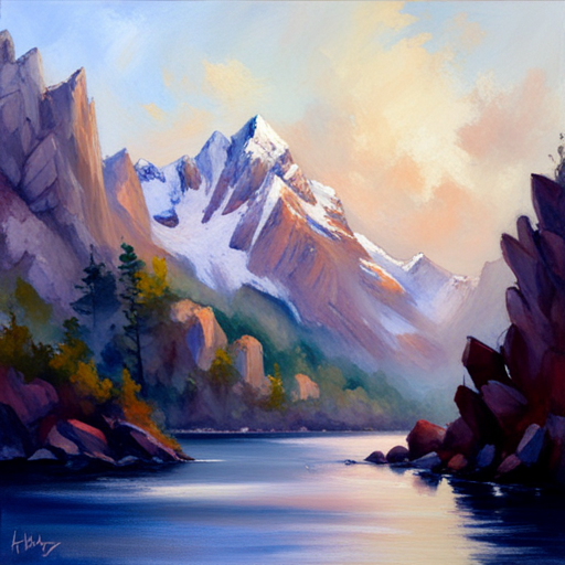 majestic peaks, rugged terrain, atmospheric perspective, muted colors, Impressionism, Hudson River School, light and shadow, texture, naturalism, grandeur, scale, plein air, rocky outcroppings, dramatic sky, asymmetry, depth, soft brushstrokes, tranquility