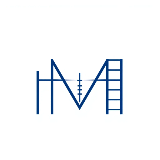abstract, minimalist logo, geometric letter M, thin horizontal lines, hierarchy, ladder rungs, solid indigo blue, crisp vector design, white background, modern typography, Bauhaus influence, clean composition, precise geometry, vector graphics, contemporary aesthetic, graphic design, minimalism, line weight variation, symbolic representation, structured layout
