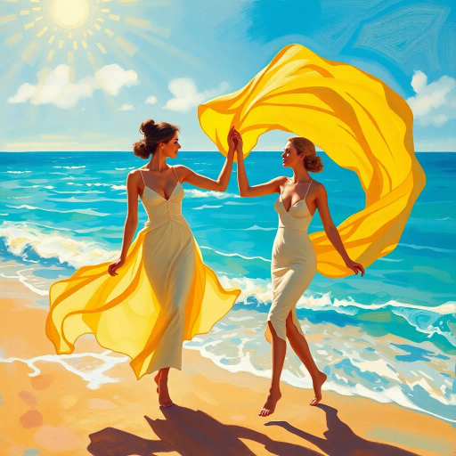 elegant figures, beach scene, vibrant sunlight, azure waters, flowing fabric, Henri Matisse, impressionism, contemporary allure, warm hues, dynamic composition, summer breeze, leisurely grace, chromatic harmony, tranquil ambiance, fluid lines, art deco influences, intimate scale, ethereal light, cultural richness, playful interaction, Mediterranean essence, soft brush strokes