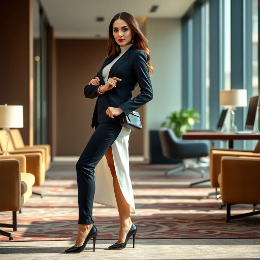 alluring Arab beauty, elegant poise, high heels, Henri Matisse and Yves Saint Laurent inspirations, modern elegance, desert oasis and professional setting, golden hour and chiaroscuro lighting, vibrant warm tones, luxurious textures, intricate and traditional Middle Eastern patterns, exotic allure, cultural richness, flowing lines, sensual movement, feminine power, refined and timeless grace, harmonious romantic ambiance, visual poetry, captivating and seductive composition, ethereal mood, desert mirage, artistic flair, expressive body language, sophisticated minimalism, textural contrast, dynamic perspective, poised demeanor, artistic serenity, contemporary realism, nuanced textures, stylish composition