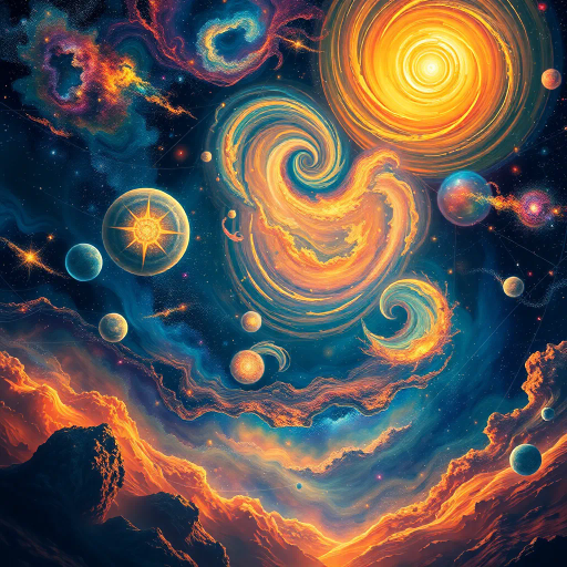 cosmic vistas, celestial landscapes, futuristic, vibrant nebulas, star clusters, vast galaxies, ethereal light, Hubble-inspired, vibrant color palettes, science fiction, surreal horizons, distant planets, cosmic dust, expansive space, swirling shapes, dynamic movement, deep space exploration, imaginative worlds, interstellar travel, otherworldly, surrealism, space-time continuum, vastness, galactic elegance, digital-art, abstract expressionism, Salvador Dalí, cosmic realism, luminescent aura, spectral light, astral phenomena, transcendent experience, cosmic symmetry, infinite expanse, universe tapestry, kaleidoscopic vision, outer dimensions, art cosmos, intergalactic serenity, time-bending realms, Einsteinian influences, cosmic intricacies