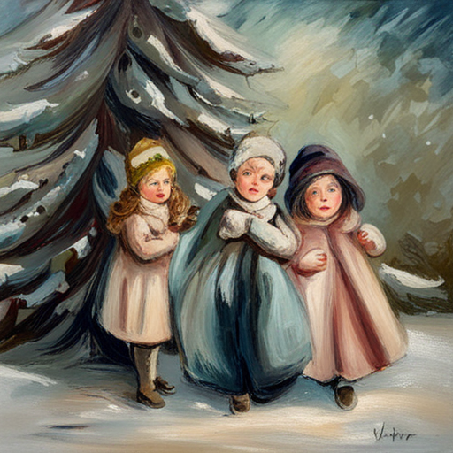 vintage oil, impersonalism, Winter Children under a Christmas Tree Painting, classic, muted colors, textured