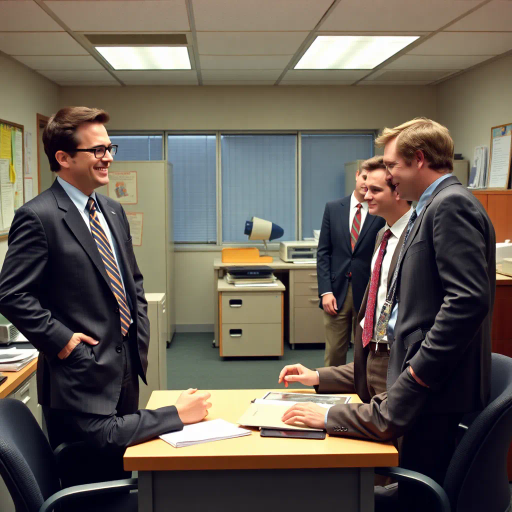 satirical, workplace comedy, 2000s television, vibrant characters, humorous interactions, Michael Scott, Jim Halpert, Dwight Schrute, sardonic wit, office dynamics, banter, mundane setting, Scranton, paper company, unconventional storytelling, ensemble cast, mockumentary style, Steve Carell, quirky relationships, deadpan humor, varied personalities, narrative arcs, expressive body language, exaggerated emotions, bright lighting, cheerful ambiance, subtle social commentary, scenographic composition