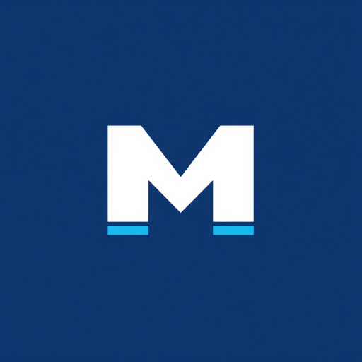 bold M logo mark, solid geometric letter, structured layers, subtle thin horizontal connector lines, indigo on white, modern minimal SaaS branding, flat vector, modernist simplicity, Bauhaus influence, clean design, minimalist aesthetics, structured composition, primary color palette, geometric precision, visual balance, negative space utilization, corporate identity, digital branding, contemporary design language, clarity in form