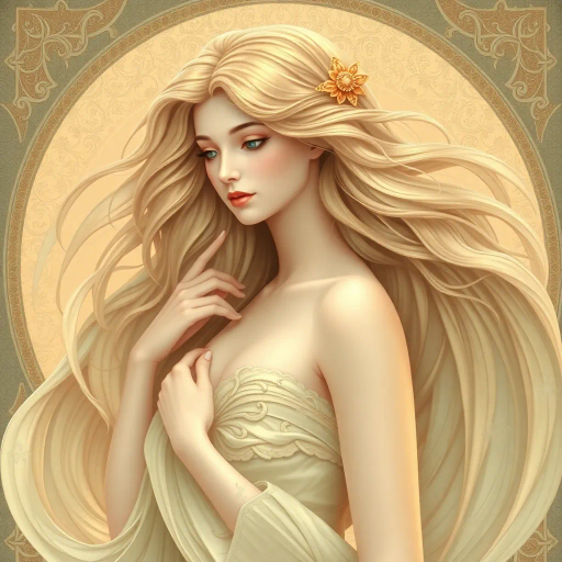 ethereal feminine figure, inspired by Alphonse Mucha, art nouveau elegance, flowing lines, gentle curves, pastel tones, soft lighting, delicate textures, serene expression, grace and poise, mythical allure, elegant composition, harmonious balance, captivating beauty, dreamlike ambiance, timeless elegance, detailed ornamentation, subtle symbolism, classical influences, refined artistry