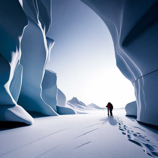 Frozen tundras, vast emptiness, dim sunlight, snow-capped peaks, rugged terrain, stark contrasts, golden hour, muted palettes, black and white, harsh winds, ice formations, survival gear, expeditionary teams