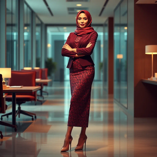 elegant Arab woman, contemporary fashion, hijab, professional attire, modern workplace, high heels, Middle Eastern influence, vibrant colors, soft ambient lighting, dynamic posing, cultural expression, delicate textiles, confident and empowering presence, sophisticated grace, diverse cultural representation, fusion of modern and traditional elements, cultural fusion, empowerment and poise, Impressionism influences, Gustav Klimt inspiration, Art Nouveau elegance, intricate patterns, intricate detailing, vibrant color palette, symbolic attire, office environment, balance and harmony, dynamic composition, surreal lighting, cultural narrative, refined textures, bold symbolism, artistic influences, multicultural dialogue, striking balance, expressive realism, innovative representation, unique fashion, delicate balance, harmonious color palette