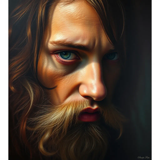 hyper-realistic portrayal, intricate details, vibrant coloration, chiaroscuro lighting, evocative mood, photorealistic textures, dynamic composition, Renaissance influences, soft focus, ethereal atmosphere, juxtaposition of light and shadow, high-definition, meticulous brushwork, emotive storytelling, contemporary techniques, surreal undertones, visual depth, large scale, immersive experience, harmonious balance