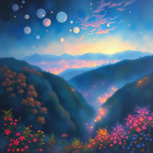 ethereal landscapes, mystical horizons, Claude Monet-inspired, twilight ambiance, luminous colors, surreal textures, dreamlike, enchanting forests, layered depth, vibrant palette, Impressionism, soft brushstrokes, magical realism, shimmering skies, serene mood, intricate details, atmospheric perspective, flowing movement, whimsical elements, luminescent glow