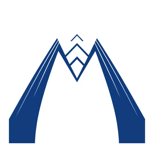 bold letter M, parallel strokes, tapering structure, upward hierarchy, indigo blue, geometric precision, vector design, minimalist aesthetic, structural elegance, balance and symmetry, clean composition, white background, modernist influences, Bauhaus geometry, minimal lines, disciplined form, artistic clarity, abstract expression, Kandinsky inspiration, harmonious contrast, flat color fields, innovative typographic elements, Swiss design principles, mid-century modern vibes