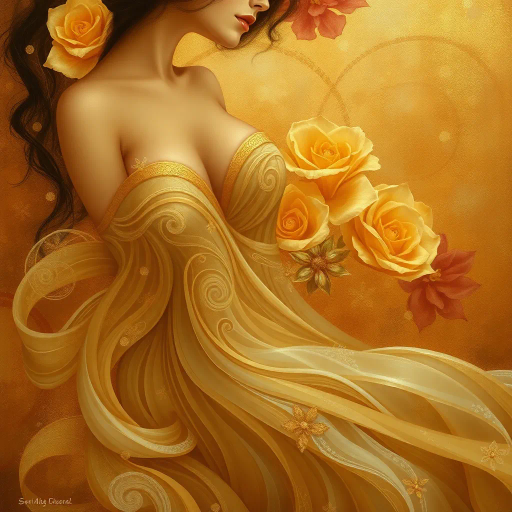 sensual elegance, inspired by Gustav Klimt, Art Nouveau curves, warm golden hues, soft lighting, intimate composition, delicate textures, oil painting technique, ethereal mood, romantic ambiance, flowing movement, floral motifs, intricate details, luxurious fabrics, figurative subjects, organic forms, emotional depth, graceful silhouettes, timeless beauty, dreamlike aura, subtle symbolism