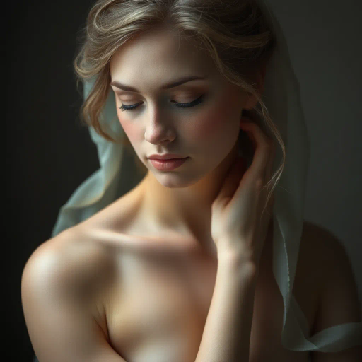 ethereal beauty, serene expression, chiaroscuro lighting, renaissance influences, soft pastels, delicate textures, graceful poise, timeless elegance, masterful shading, luminous skin tones, intimate portraiture, gentle curves, emotion and vulnerability, classical composition, subtle highlights, refined line work, naturalistic setting, inner tranquility, evocative storytelling, inspired by Botticelli, artistic nudity, sophisticated aesthetics, harmonious balance, gentle gaze, soft focus, serene serenity