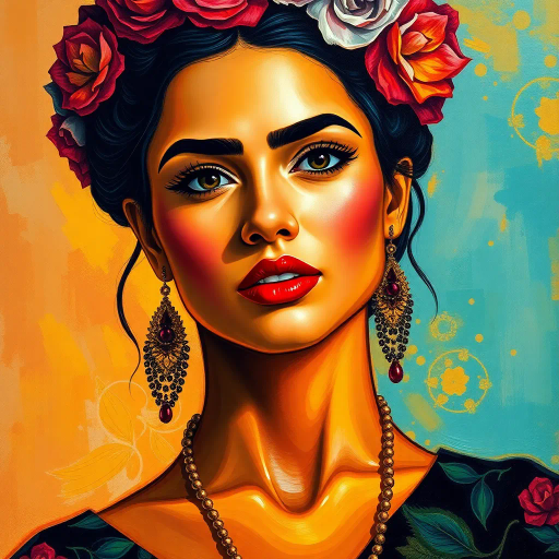 Latino woman, captivating, allure, Diego Rivera, contemporary elegance, chiaroscuro lighting, dynamic composition, vibrant colors, smooth textures, oil painting technique, cultural richness, expressive mood, three-quarter view, flowing movement, rich heritage, intimate scale, natural materials, focused framing, organic shapes, delicate line quality, symbolic expression, spacious setting, modern time period, intricate detail, artistic synthesis, intentional presentation