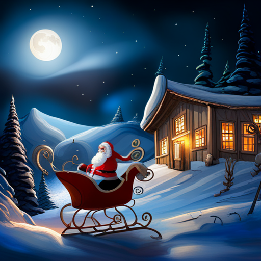 reindeer, Santa Claus, delivering presents, magical, winter wonderland, whimsical, holiday spirit, sleigh, flying, snowy landscape, starry night, festive atmosphere, joyful, celebration, mythical creatures, gift-giving, Christmas, enchanting, fairytale, dreamlike, mystical, fantasy fantasy-art