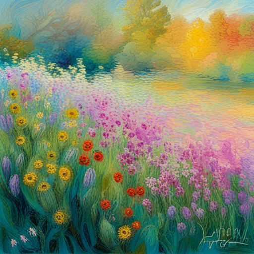 pastel, floral, meadow, embroidery, delicate, soft, impressionism, Monet, nature, bloom, spring, intricate, detailed, texture, impressionistic, vibrant, gentle, brushstrokes, color palette, light and shadows, field, hand-stitched, fabric, needlework, needlepoint, artistic, feminine, elegant, floral pattern, tranquil, peaceful, garden, growth, organic, natural, beauty, artwork, artistic representation, textile art