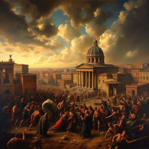 historical devastation, Alaric the Visigoth, ancient ruins, classical architecture, fiery inferno, chaos and turmoil, gothic shadows, sacking and looting, eternal city, Roman Empire, invasion, dramatic conflict, tumultuous skies, Rembrandt lighting, powerful emotions, ancient warfare, Caravaggio-inspired, chiaroscuro, symbolic destruction, fallen civilization, rich textures, monochromatic palette, intense drama, baroque influences, historical narrative, perspective of awe, melancholic atmosphere