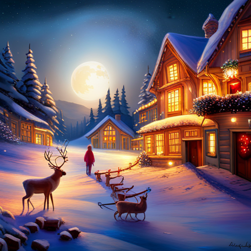 reindeer, Santa Claus, delivering presents, magical, winter wonderland, Christmas, holiday, festive, joyful, sleigh, flying, snowy landscape, glowing, enchanted, whimsical, mythical, gift-giving, cheerful, jolly, fantasy, mystical creatures, frosty, starry night