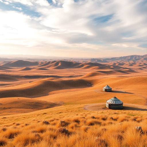 vast Xinjiang grasslands, dramatic rolling hills, lush greenery, expansive skies, Claude Monet, Impressionism, golden sunlight, atmospheric perspective, vivid hues, delicate textures, pastoral landscape, ethereal beauty, serene ambiance, endless horizon, fleeting clouds, harmonious colors, organic forms, enchanting panorama, gentle undulations, tranquil open spaces, rustic charm, idyllic scenery, poetic portrayal