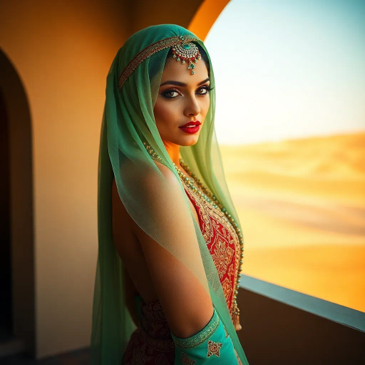 charismatic Arabian beauty, sensual mystique, desert elegance, minimalistic sultry design, vibrant colors, curvilinear shapes, evocative allure, oriental patterns, warm golden hues, shimmering textures, exotic grace, harmonious symmetry, playful yet tasteful, contemporary allure, intimate ambiance, timeless allure, seductive pose, lively movement, sun-kissed skin, alluring perspective, cultural richness, exquisite detail, sensual sophistication, fantasy-like aura