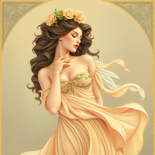 ethereal feminine figure, inspired by Alphonse Mucha, art nouveau elegance, flowing lines, gentle curves, pastel tones, soft lighting, delicate textures, serene expression, grace and poise, mythical allure, elegant composition, harmonious balance, captivating beauty, dreamlike ambiance, timeless elegance, detailed ornamentation, subtle symbolism, classical influences, refined artistry