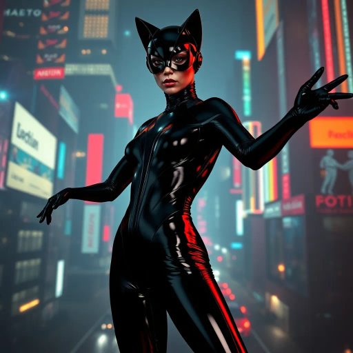 sleek catsuit design, high fashion, futuristic elements, vibrant neon lighting, dynamic pose, bold composition, metallic textures, sci-fi influence, Joan Miró inspiration, night cityscape, cyberpunk aesthetics, mysterious mood, playful elegance, abstract forms, intricate detailing, avant-garde style, fluid movements, bold color contrasts, surreal presentation, depth and layering, unconventional materials, reflections and shadows, elegant silhouette, imaginative realm, Salvador Dali, dreamlike atmosphere, geometric precision, fluid dynamics, visual storytelling, abstract surrealism, enigmatic expressions, ethereal glow, kaleidoscopic patterns, reflective surfaces, overlapping dimensions, contrasting hues, multidimensional perspective, spatial depth, imaginative narrative