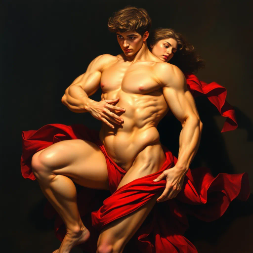 dynamic composition, Michelangelo influence, expressive form, vibrant colors, contemporary realism, chiaroscuro lighting, athletic elegance, detailed anatomy, emotional depth, captivating gaze, strong silhouette, renaissance influences, graceful poise, warm color palette, shadow play, contemporary fashion, engaging presence, radiant beauty, sensual movement, modern aesthetic, intriguing symbolism, opulent textures, timeless allure, figural focus, vivid realism, high detail, layered symbolism, enchanting atmosphere