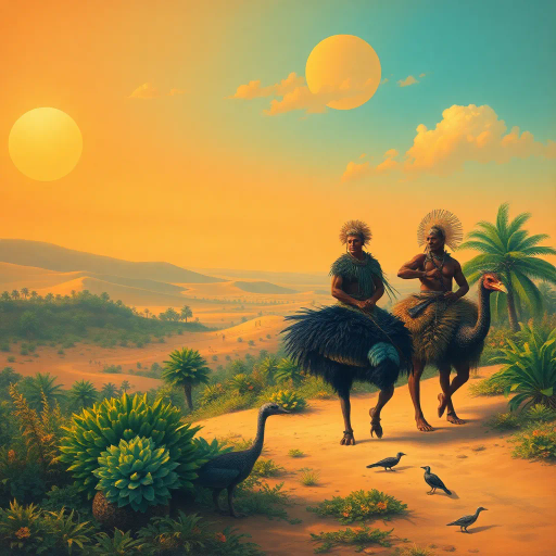 tribal warriors, animal skins, cassowary riders, desert oasis, distant dunes, Henri Rousseau, surrealism, vivid colors, dynamic composition, warm tones, ethereal atmosphere, lush vegetation, primitive culture, mystical landscape, expansive vistas, intricate detail, exotic birds, adventurous journey, cultural symbolism, imaginative scene, ancient nomads, vibrant textures