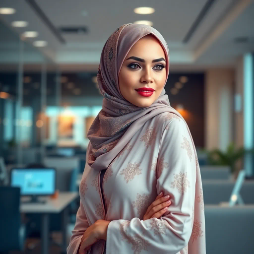 elegant Arab woman, professional attire, modern workplace, high heels, Middle Eastern influence, contemporary art style, intricate patterns, vibrant color palette, soft ambient lighting, cultural expression, dynamic posing, delicate textiles, confidence, empowerment, sophistication, grace, diverse cultural representation, cultural fusion, impressionism influences, human form depiction, balance and harmony, dynamic office environment, elegance, poise, detailed craftwork, modernism, cultural narrative, harmonious composition, vibrant textures