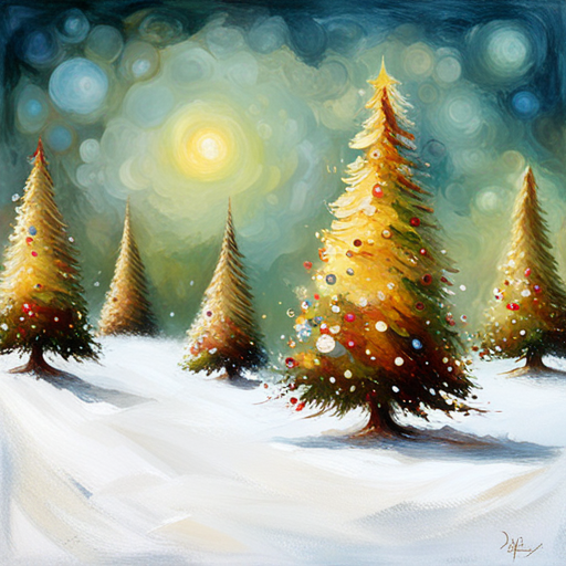 four Christmas tree, white background textured canva, oil vintage